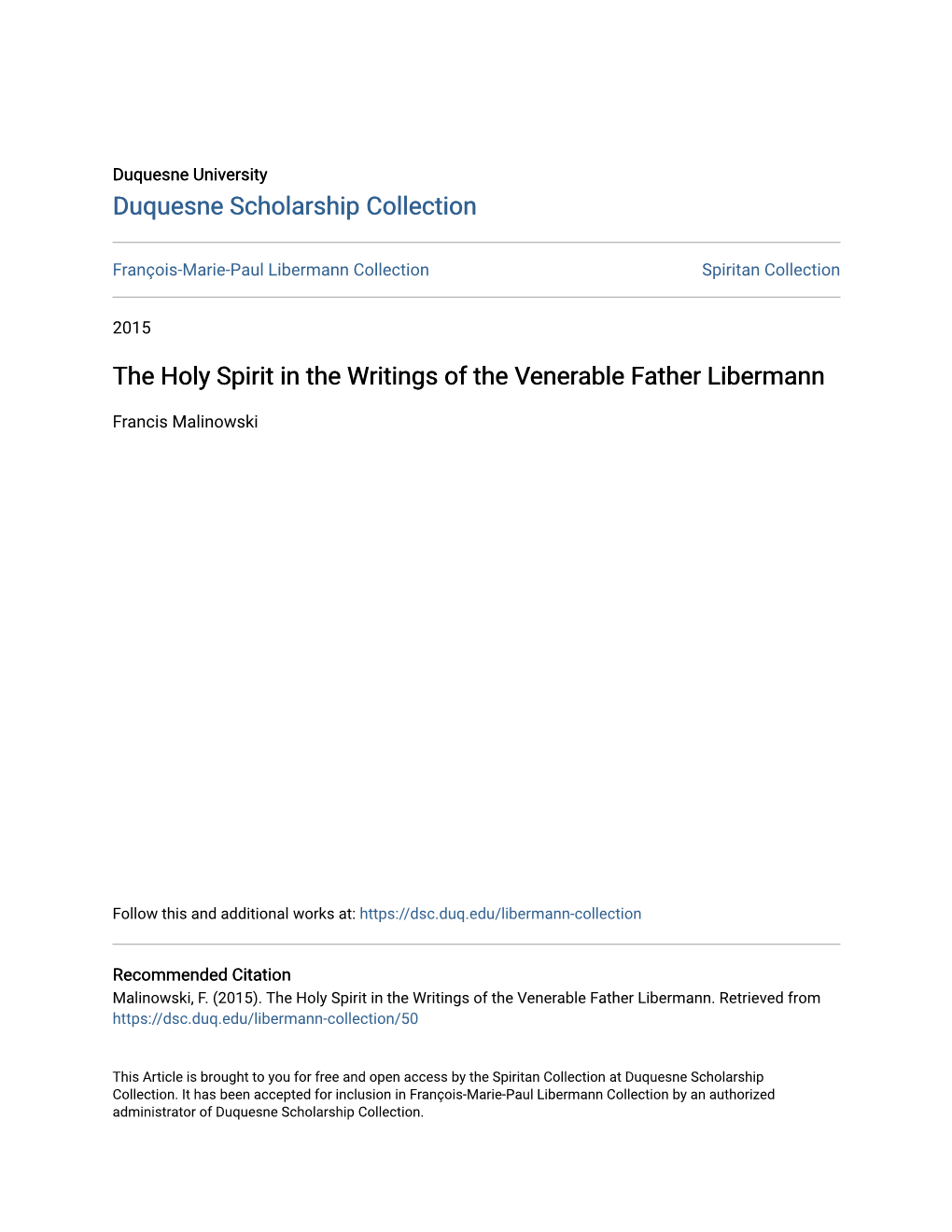 The Holy Spirit in the Writings of the Venerable Father Libermann