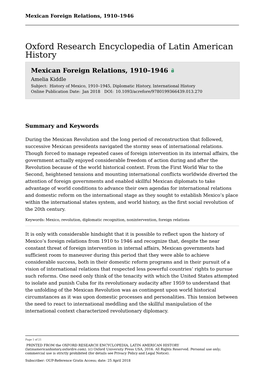 Mexican Foreign Relations, 1910–1946