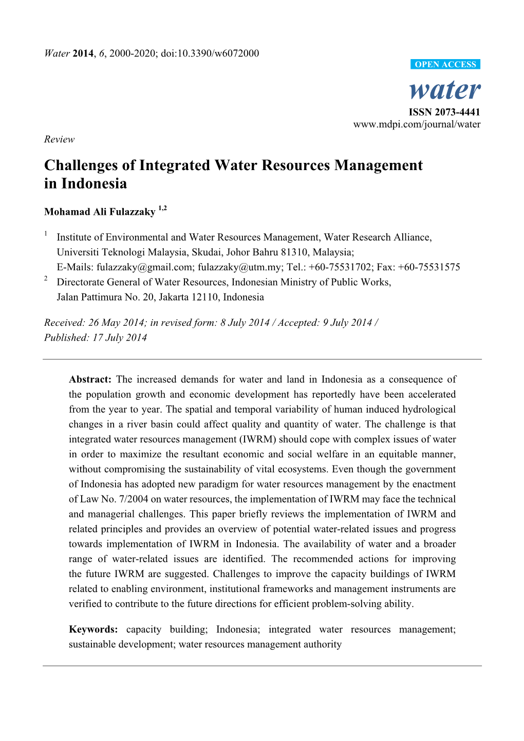 Challenges of Integrated Water Resources Management in Indonesia