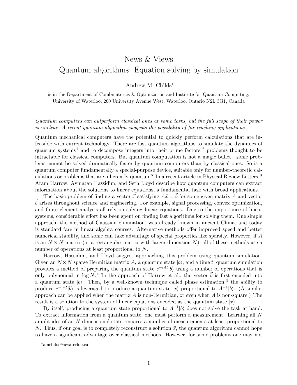 News & Views Quantum Algorithms: Equation Solving by Simulation