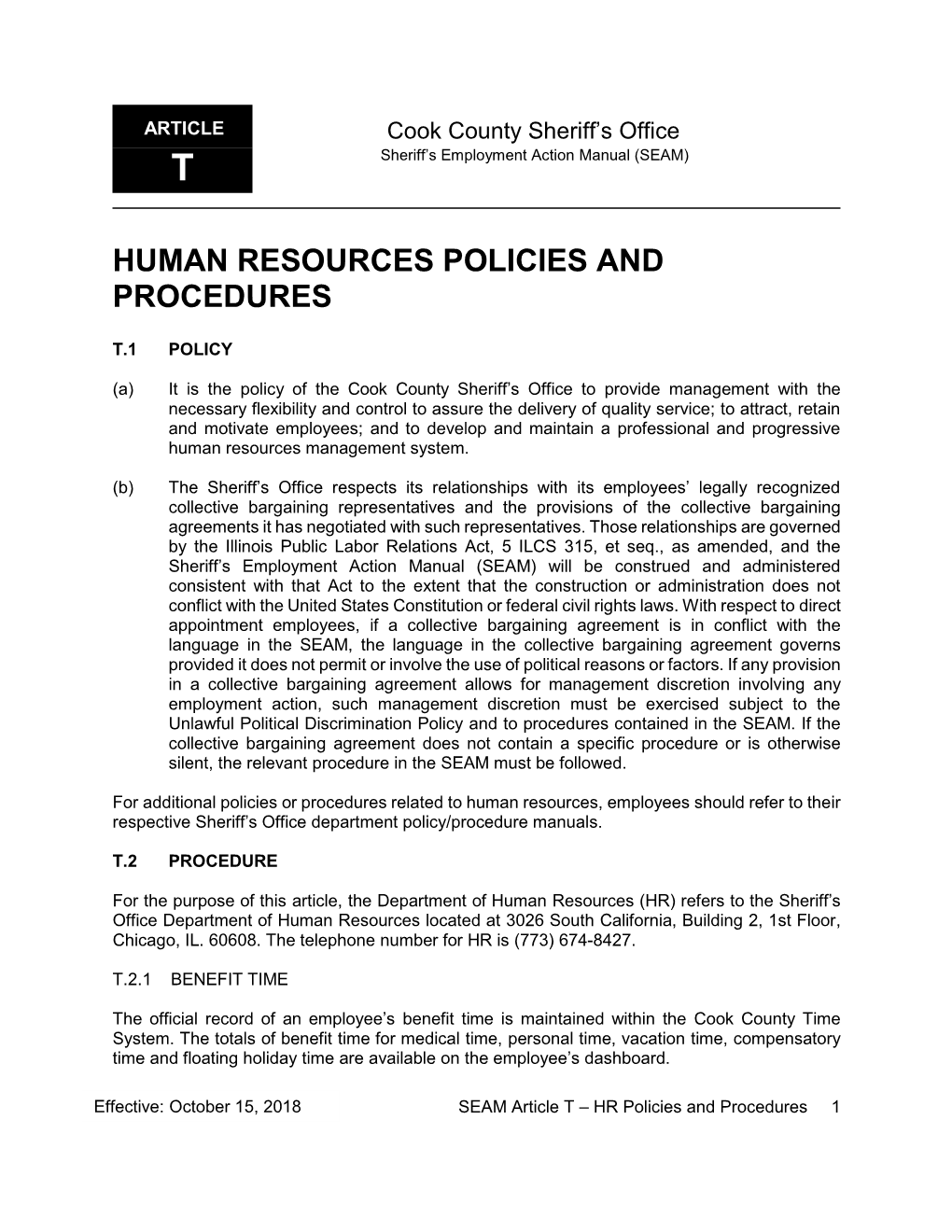 Article T – Human Resources Policies and Procedures