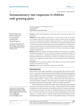 Somatosensory Test Responses in Children with Growing Pains