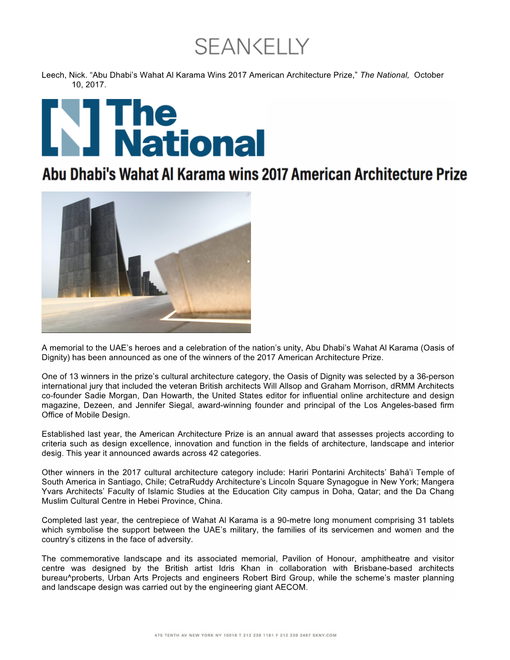 Abu Dhabi's Wahat Al Karama Wins 2017 American Architecture Prize
