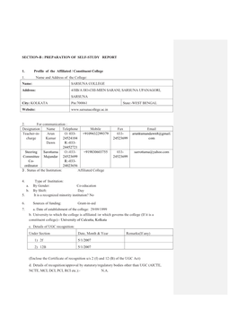 SECTION-B : PREPARATION of SELF-STUDY REPORT 1. Profile of the Affiliated / Constituent College 1. Name and Address Of