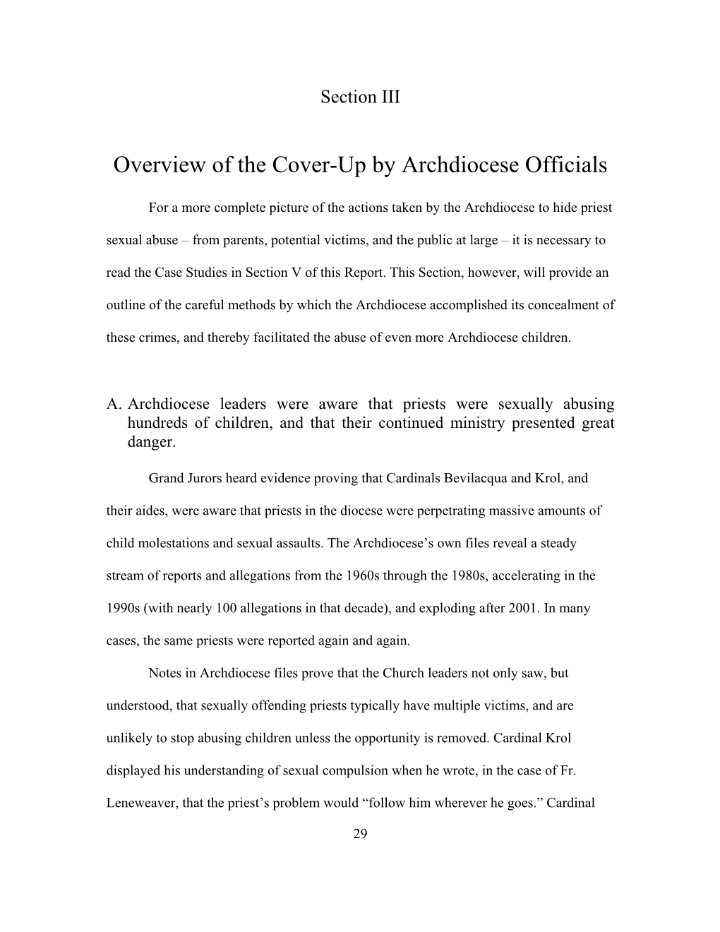 Overview of the Cover-Up by Archdiocese Officials
