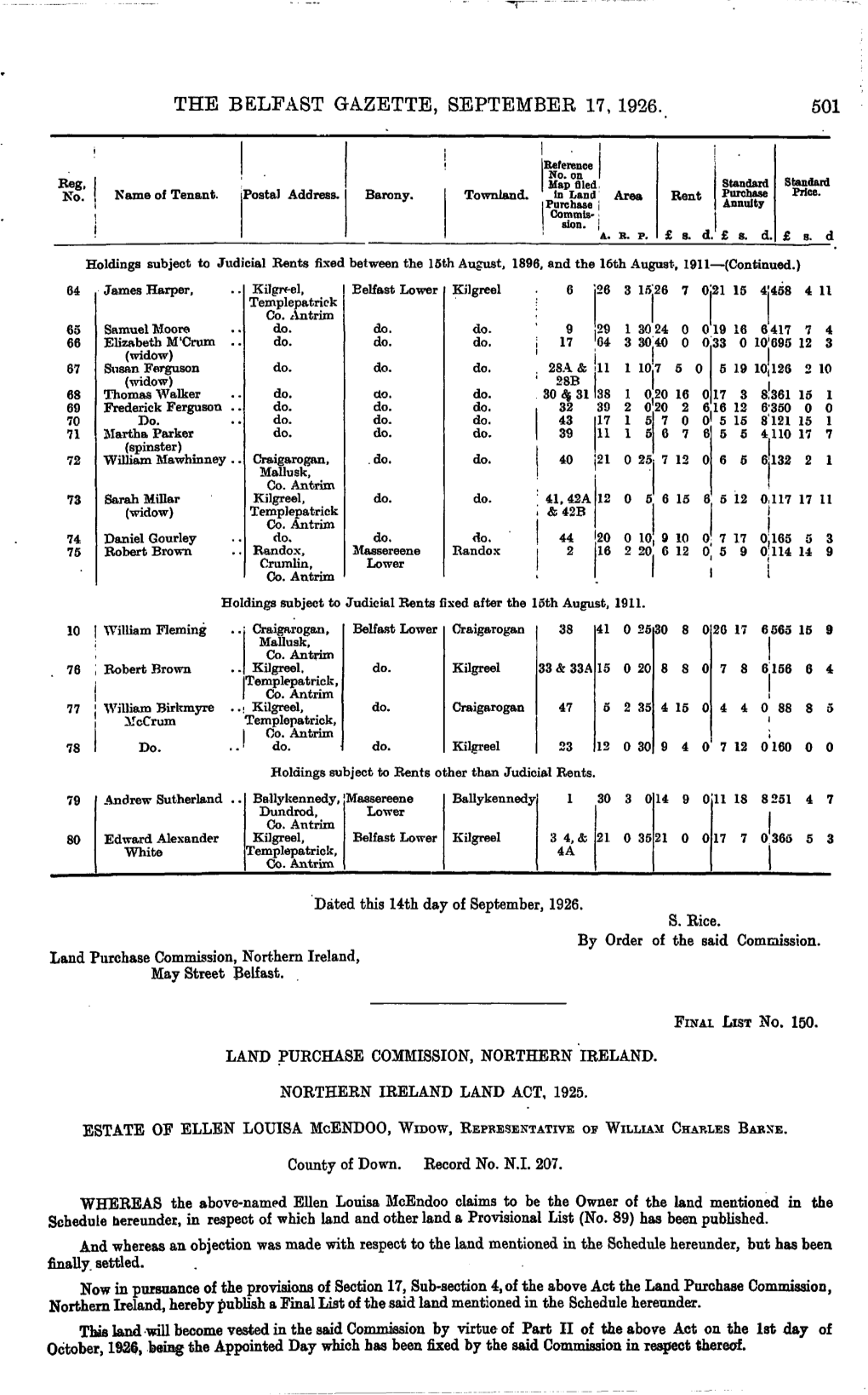 The Belfast Gazette, September 17, 1926. 501