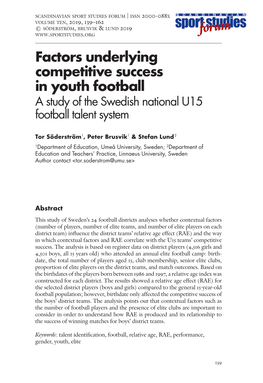 Factors Underlying Competitive Success in Youth Football a Study of the Swedish National U15 Football Talent System