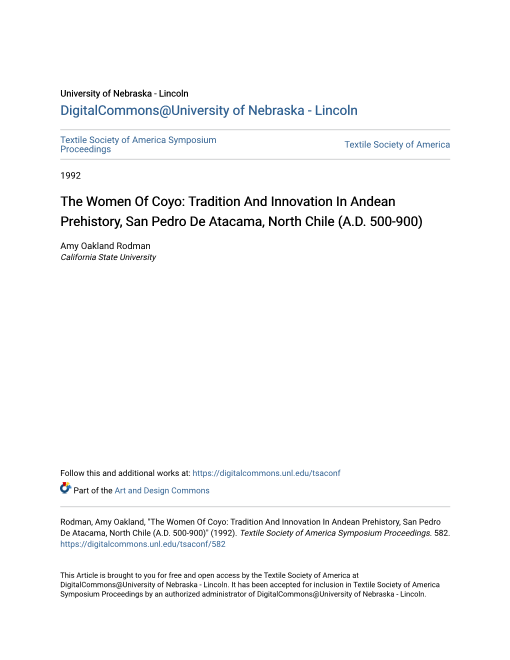 The Women of Coyo: Tradition and Innovation in Andean Prehistory, San Pedro De Atacama, North Chile (A.D