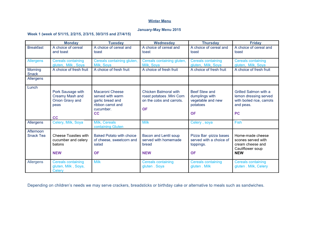 Week 1 (Week of 5/1/15, 2/2/15, 2/3/15, 30/3/15 and 27/4/15)