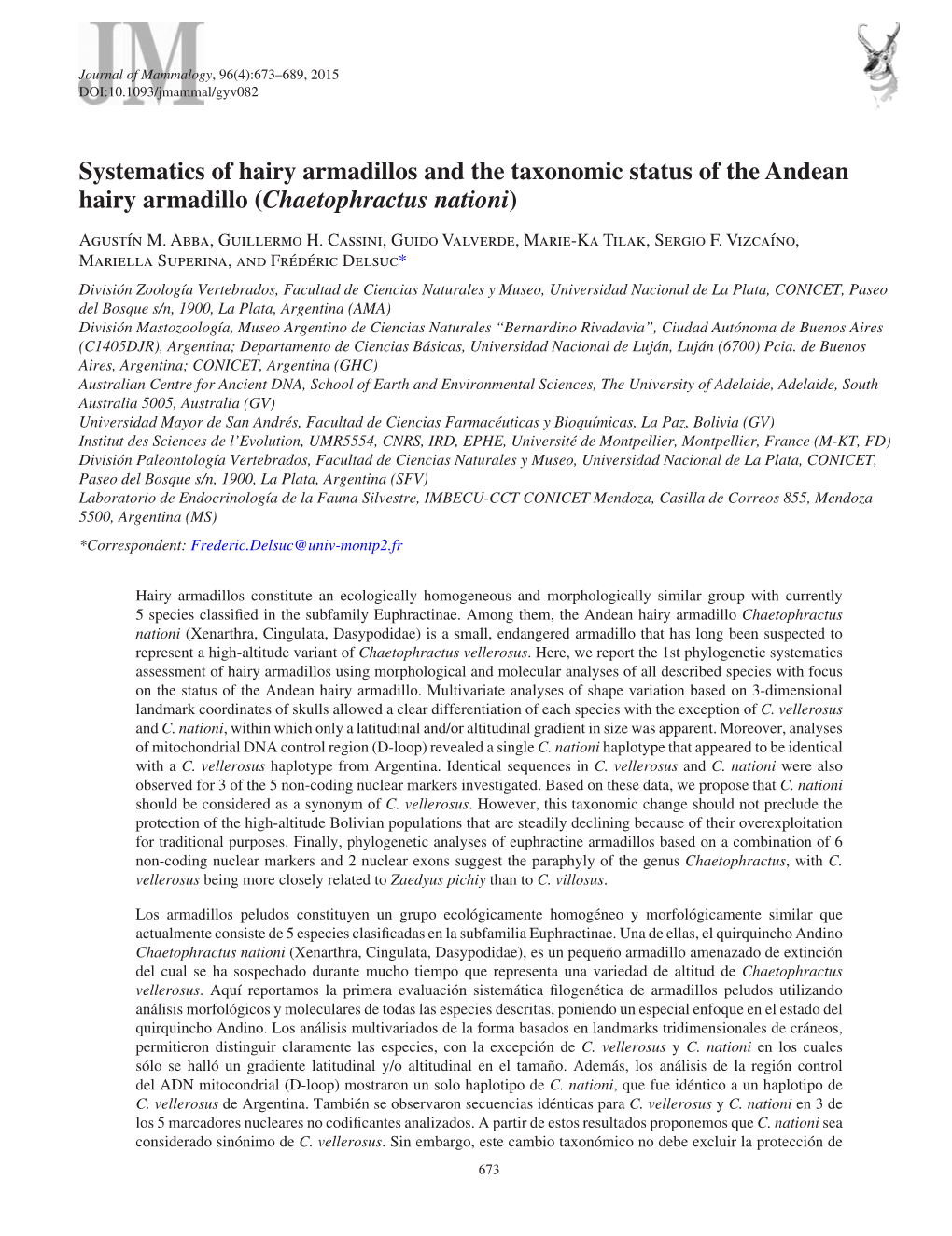 Systematics of Hairy Armadillos and the Taxonomic Status of the Andean Hairy Armadillo (Chaetophractus Nationi)