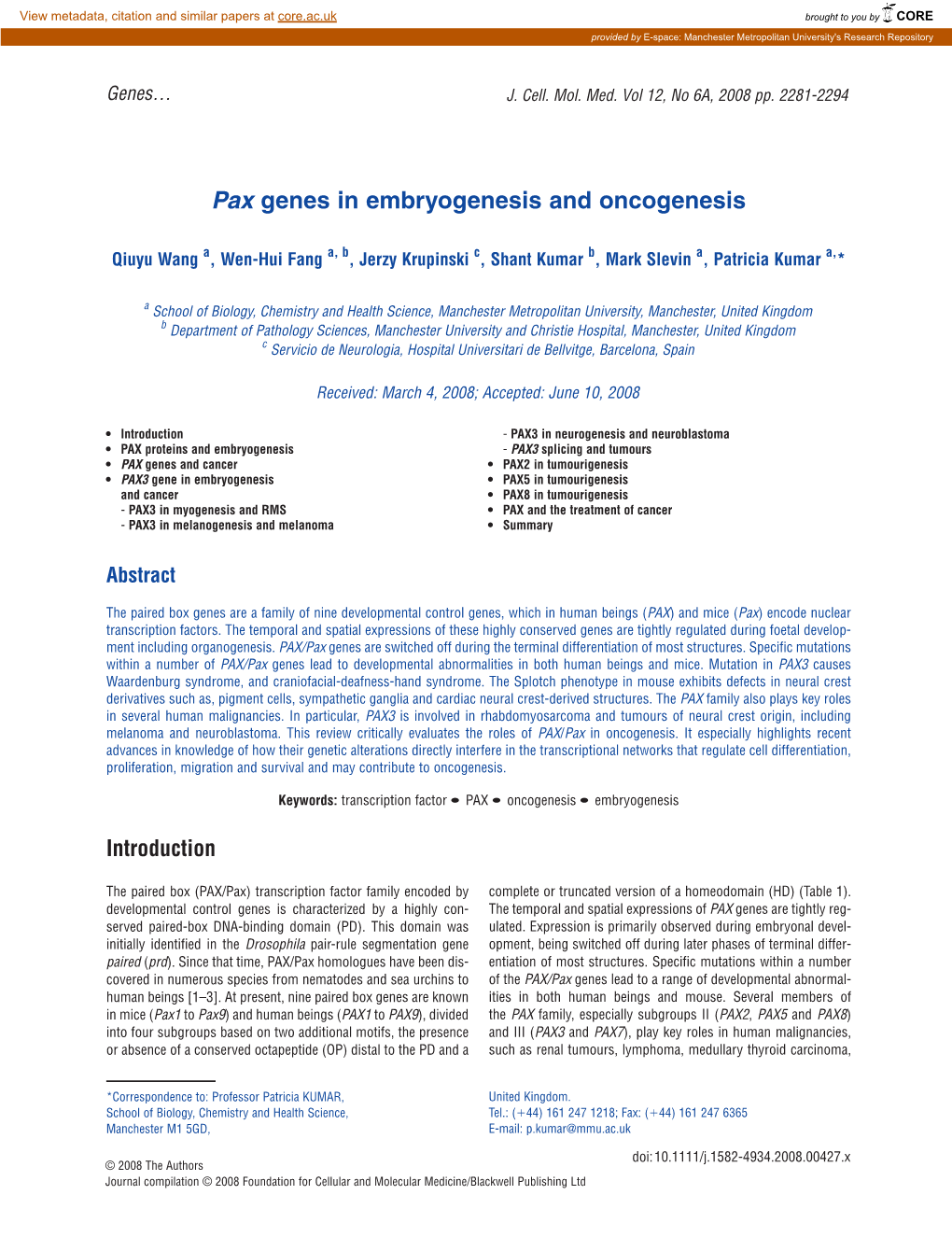 Pax Genes in Embryogenesis and Oncogenesis
