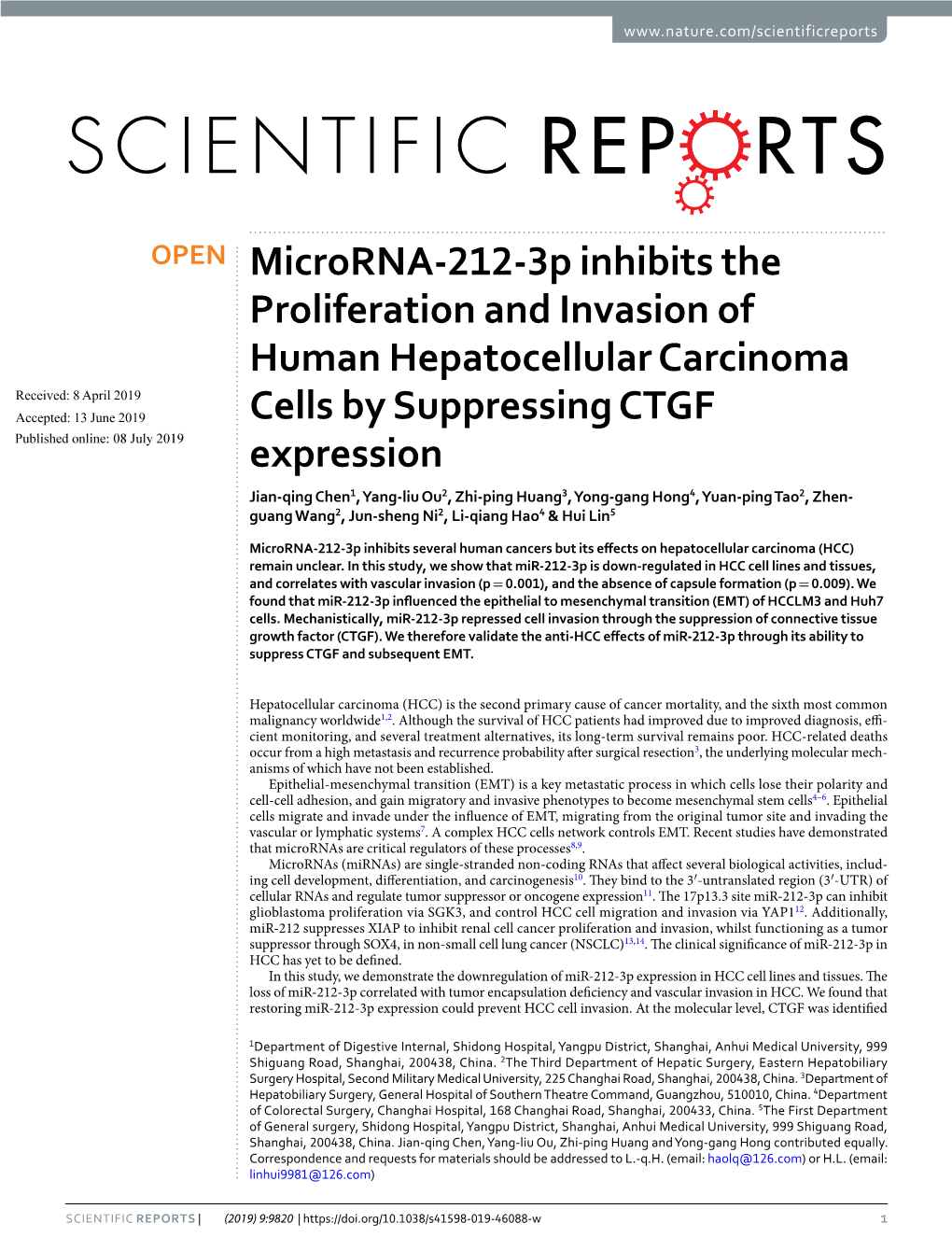 Microrna-212-3P Inhibits the Proliferation and Invasion of Human