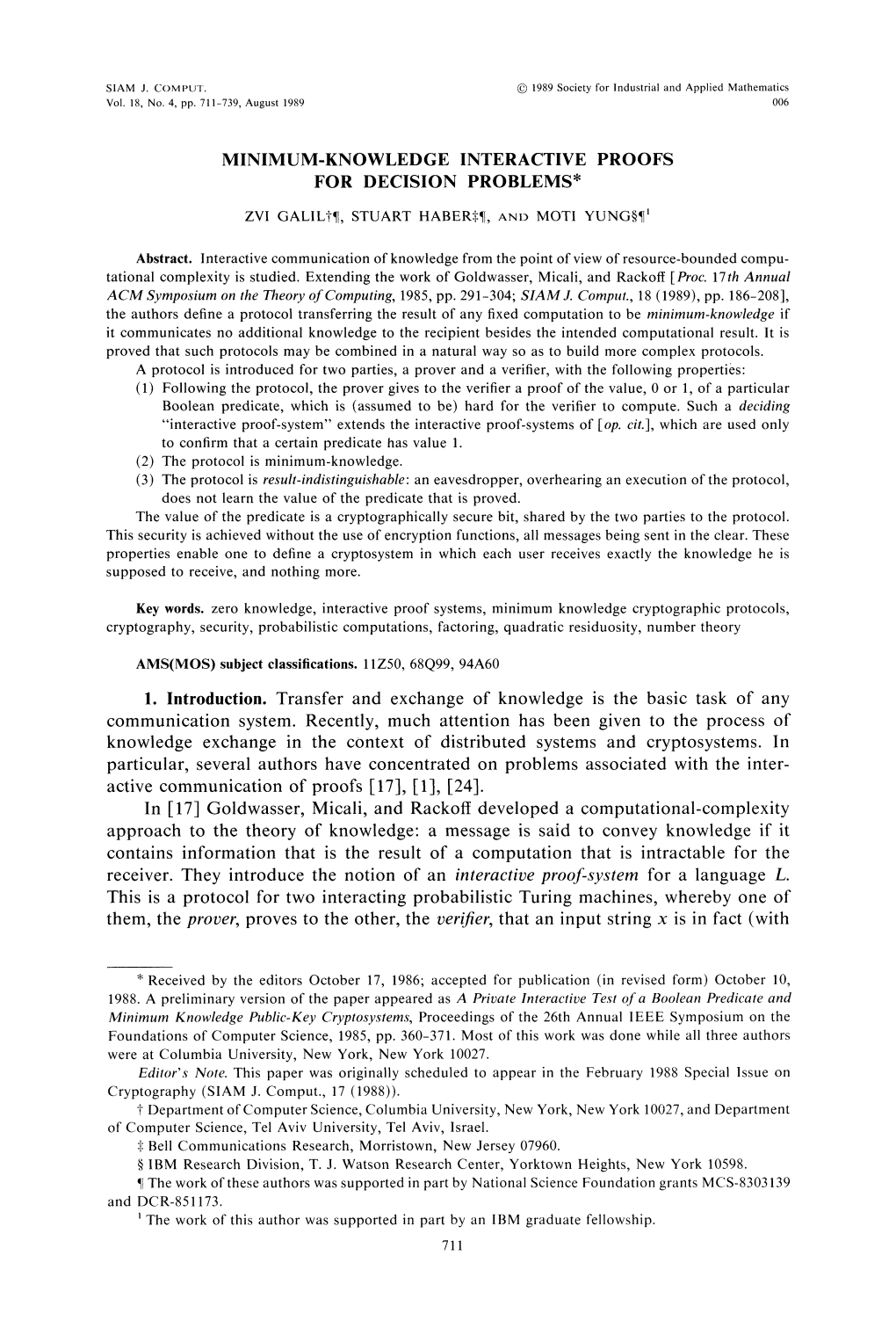 Minimum-Knowledge Interactive Proofs for Decision Problems*