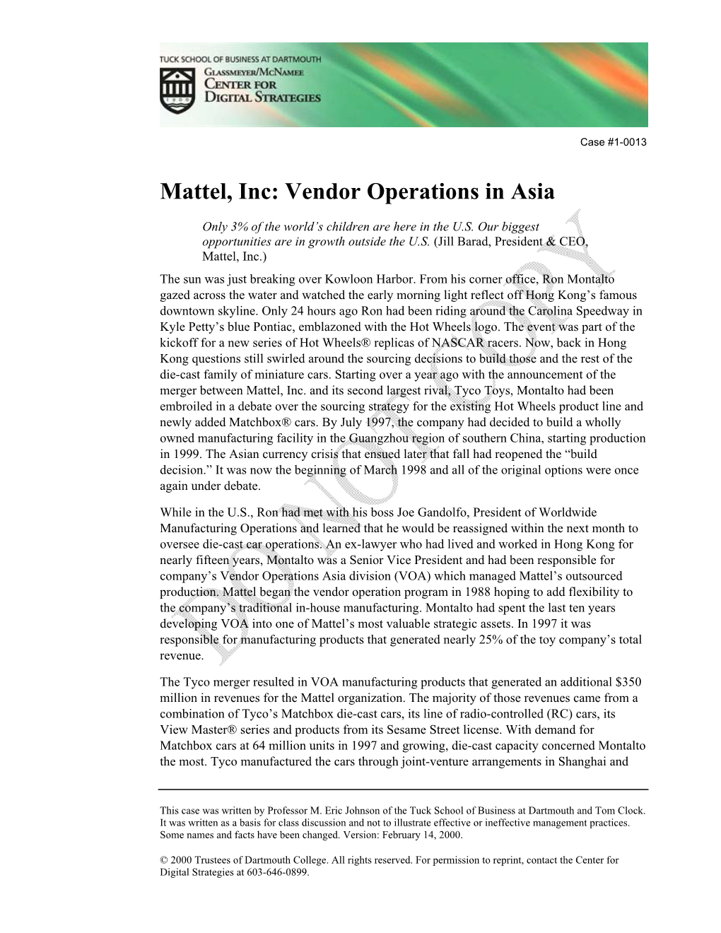 Mattel, Inc: Vendor Operations in Asia