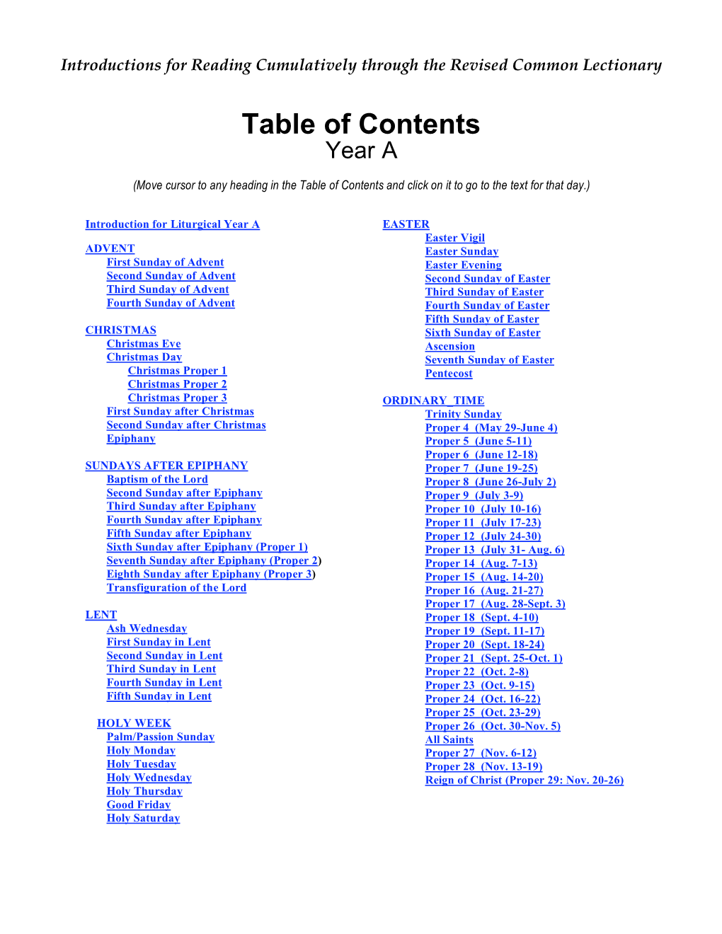 Table of Contents Year A