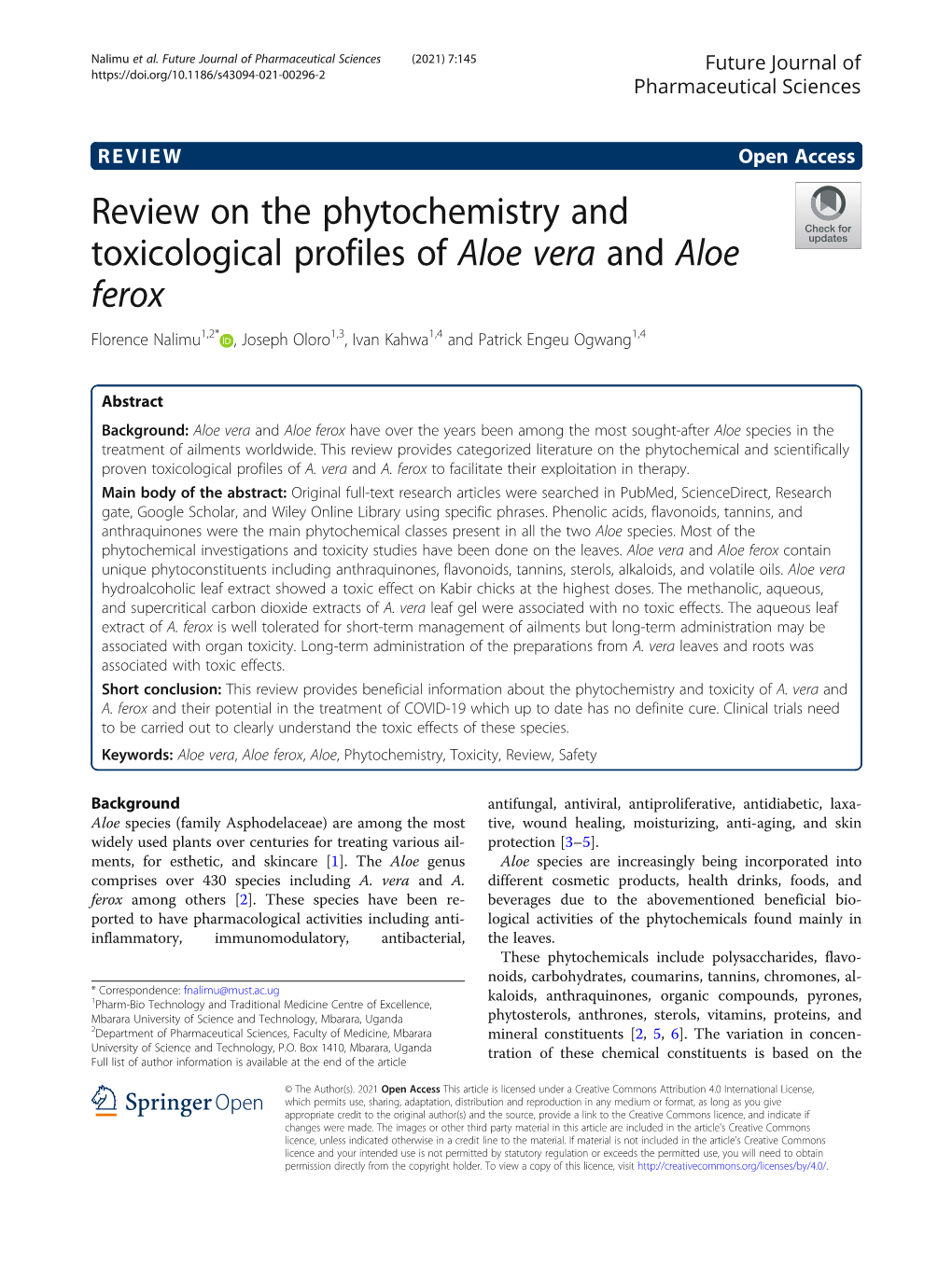 Review on the Phytochemistry and Toxicological Profiles of Aloe Vera and Aloe Ferox