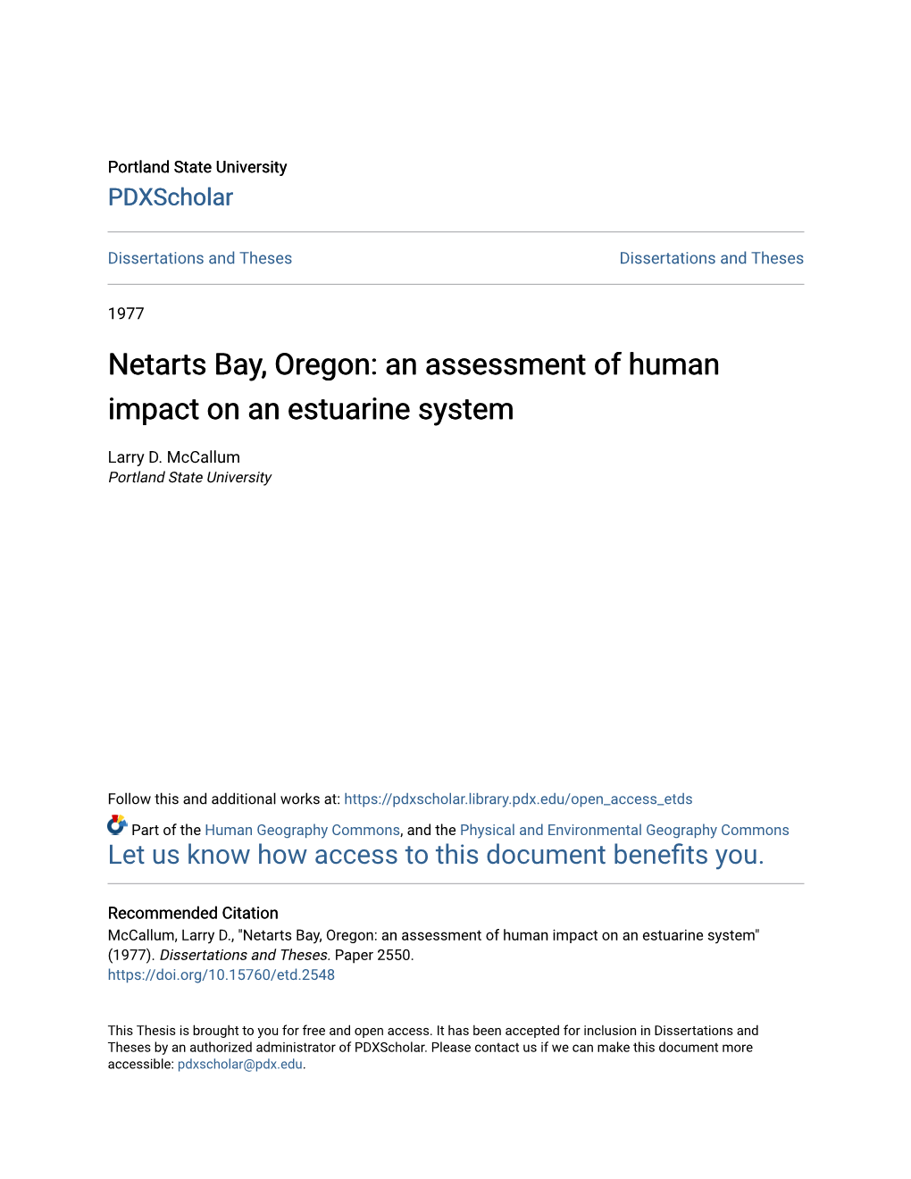 Netarts Bay, Oregon: an Assessment of Human Impact on an Estuarine System
