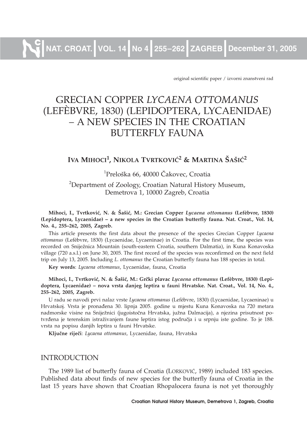 Grecian Copper Lycaena Ottomanus (Lefèbvre, 1830) (Lepidoptera, Lycaenidae) – a New Species in the Croatian Butterfly Fauna