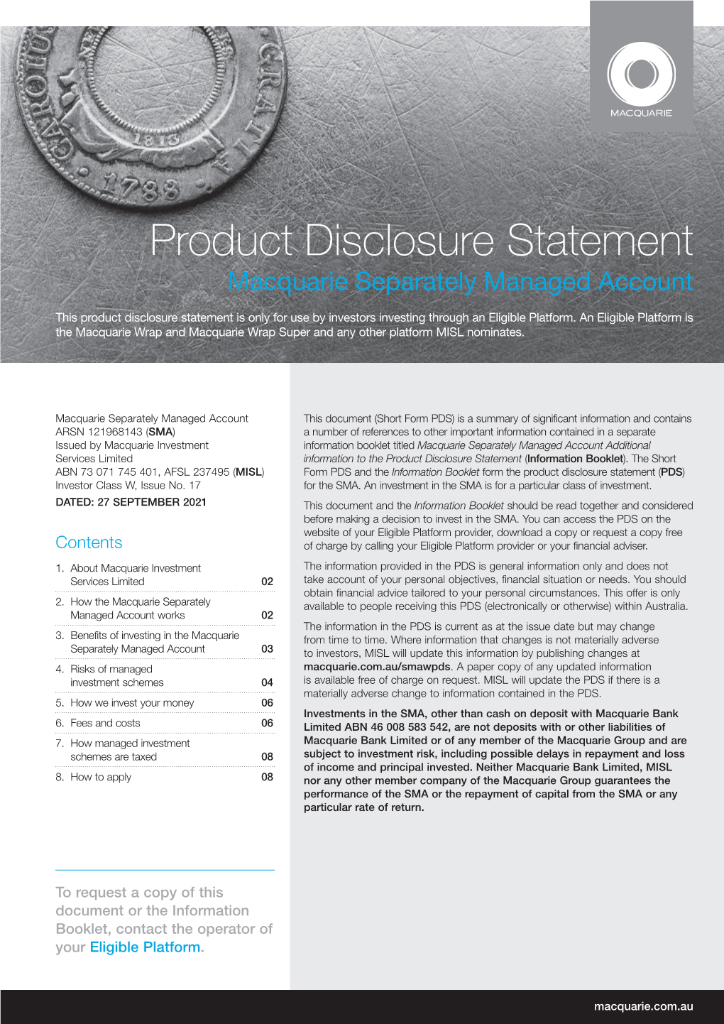 Macquarie Separately Managed Account Product Disclosure Statement As Amended from Time to Time (Short Form PDS)