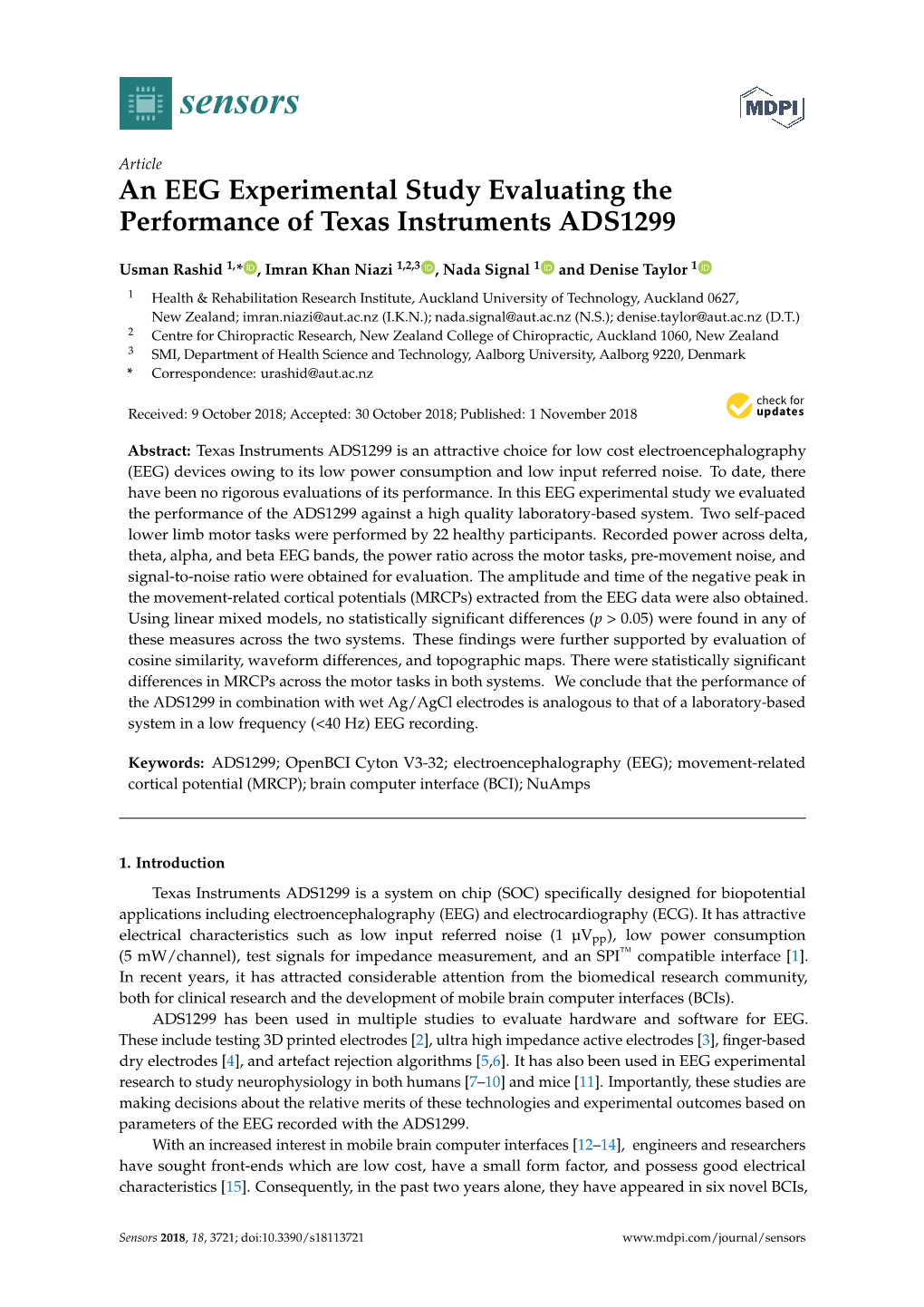 An EEG Experimental Study Evaluating the Performance of Texas Instruments ADS1299