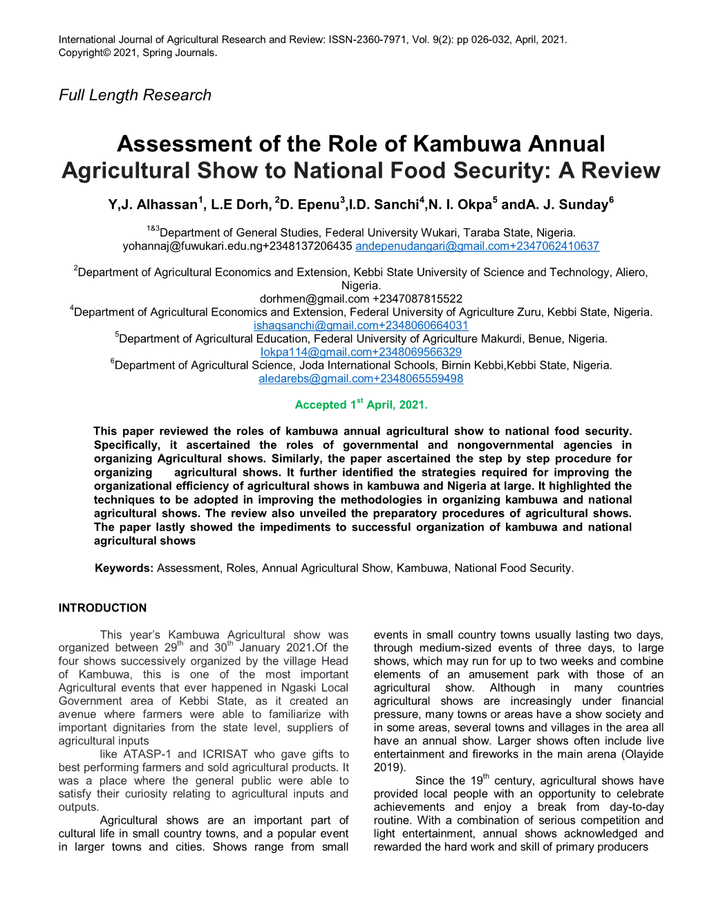 Assessment of the Role of Kambuwa Annual Agricultural Show to National Food Security: a Review