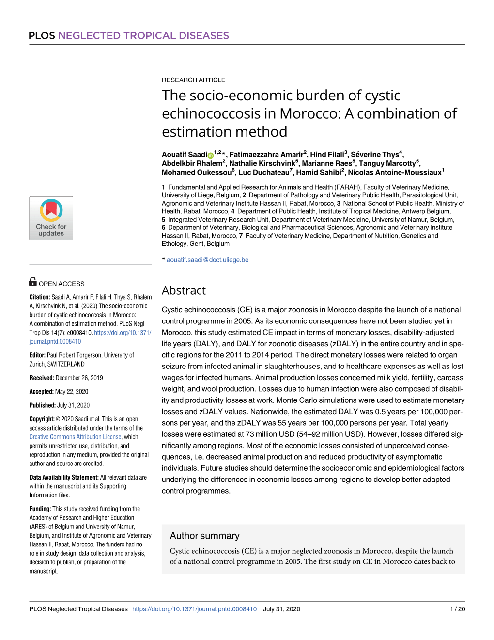 The Socio-Economic Burden of Cystic Echinococcosis in Morocco: a Combination of Estimation Method