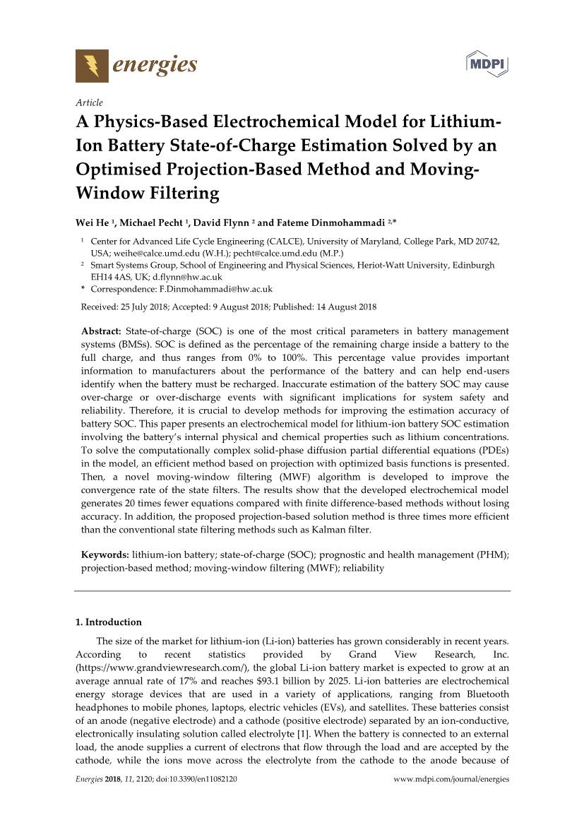 A Physics-Based Electrochemical Model for Lithium- Ion Battery State-Of-Charge Estimation Solved by an Optimised Projection-Based Method and Moving- Window Filtering