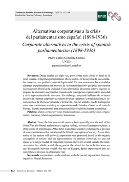 Alternativas Corporativas a La Crisis Del Parlamentarismo Español (1898-1936) Corporate Alternatives to the Crisis of Spanish Parliamentarism (1898-1936)