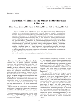 Nutrition of Birds in the Order Psittaciformes: a Review Elizabeth A