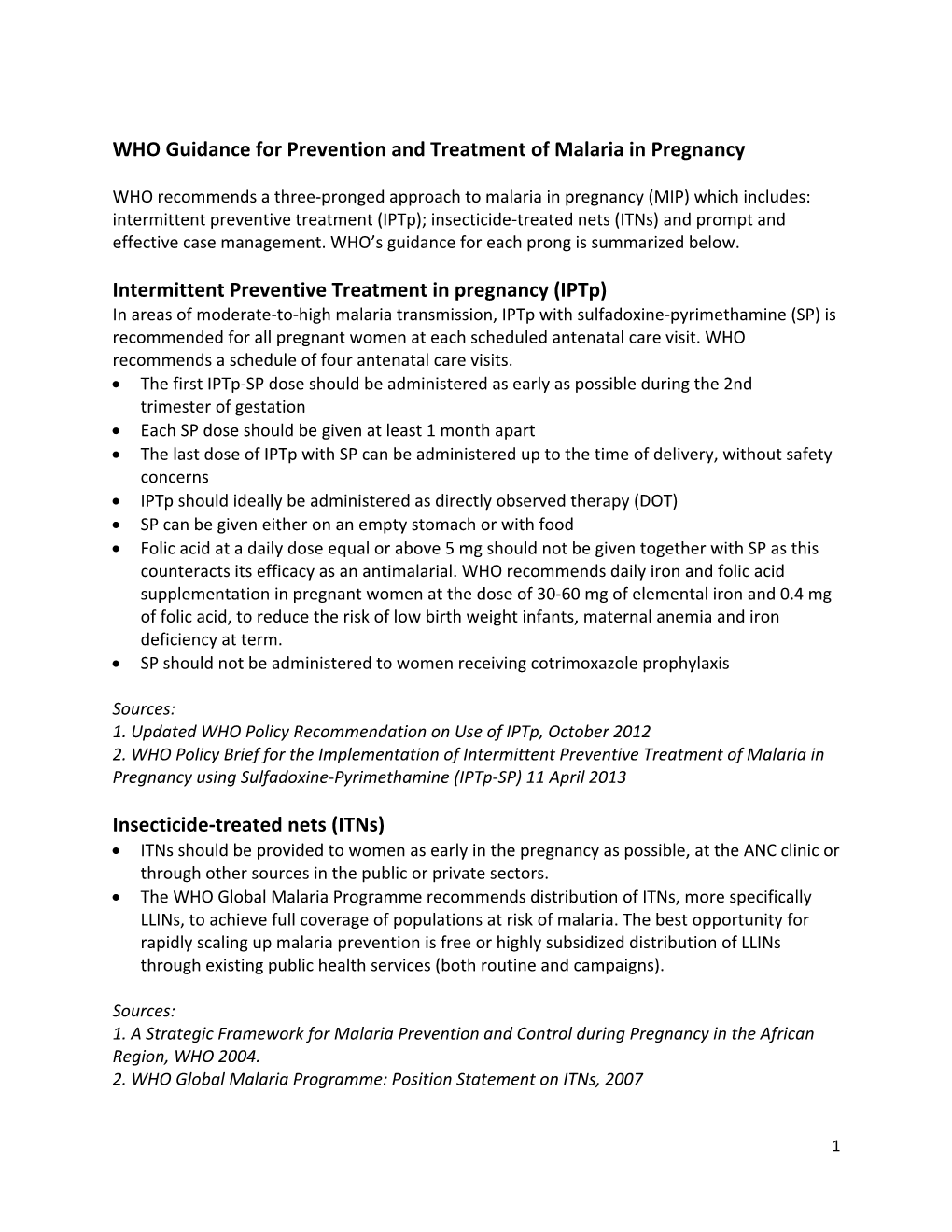 WHO Guidance for Prevention and Treatment of Malaria in Pregnancy