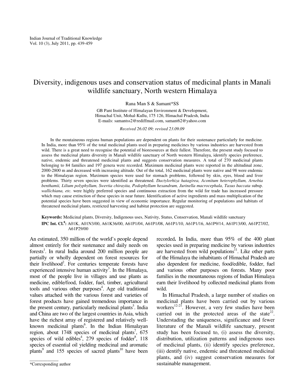 Diversity, Indigenous Uses and Conservation Status of Medicinal Plants in Manali Wildlife Sanctuary, North Western Himalaya