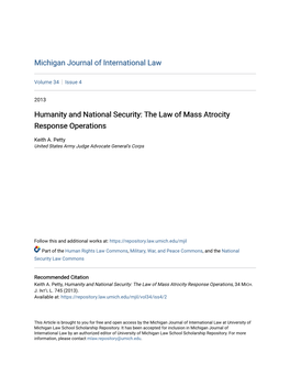 Humanity and National Security: the Law of Mass Atrocity Response Operations