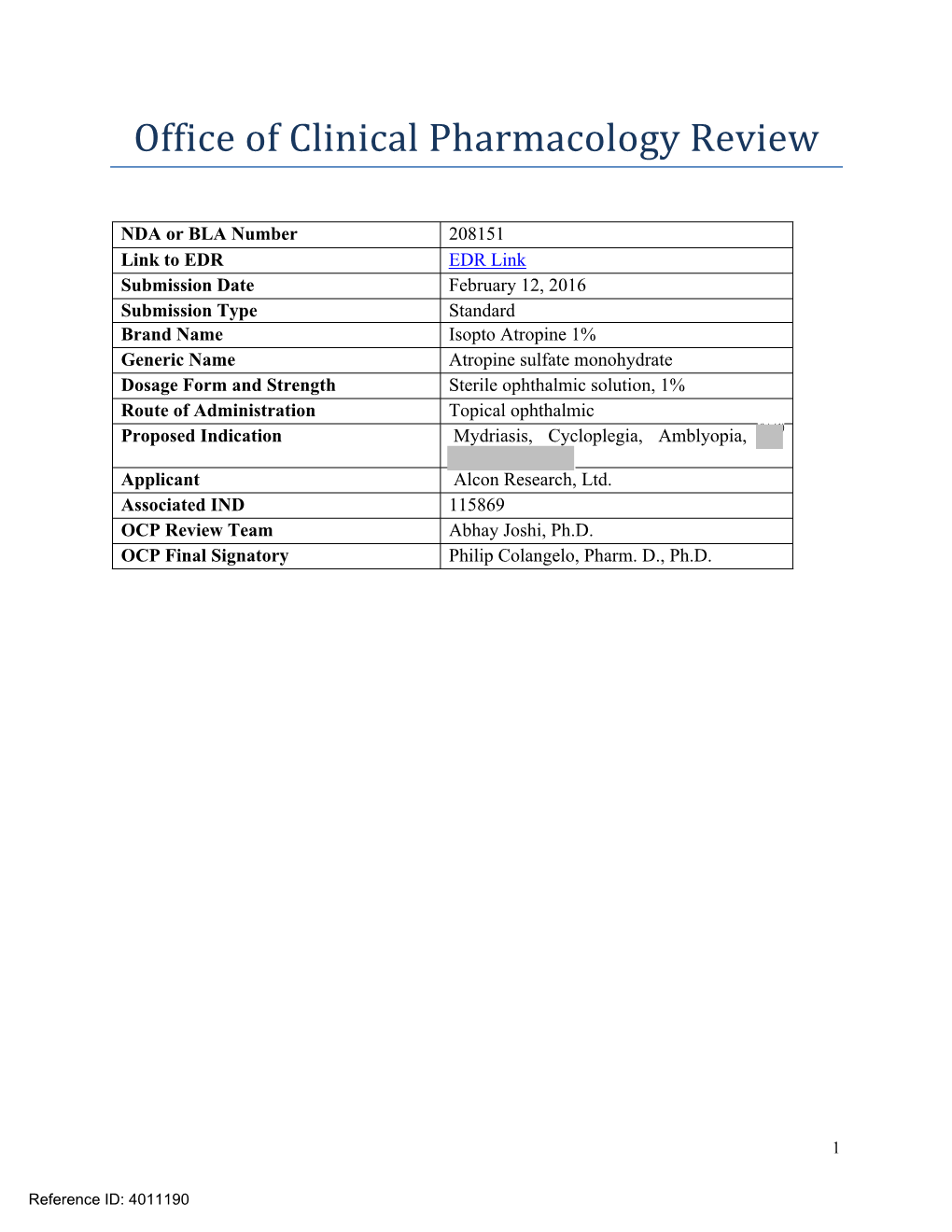 Office of Clinical Pharmacology Review: Isopto Atropine 1%