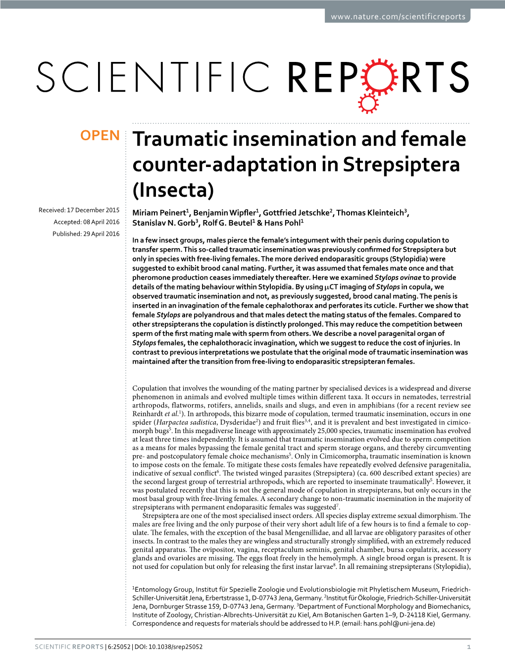 Traumatic Insemination and Female Counter-Adaptation in Strepsiptera