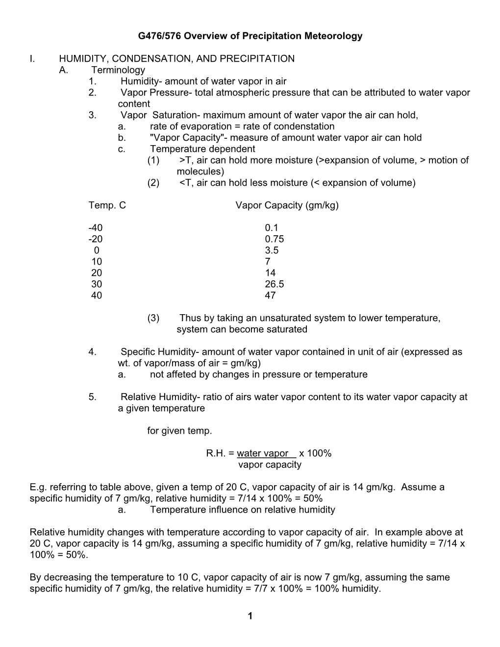 1 G476/576 Overview of Precipitation Meteorology I. HUMIDITY