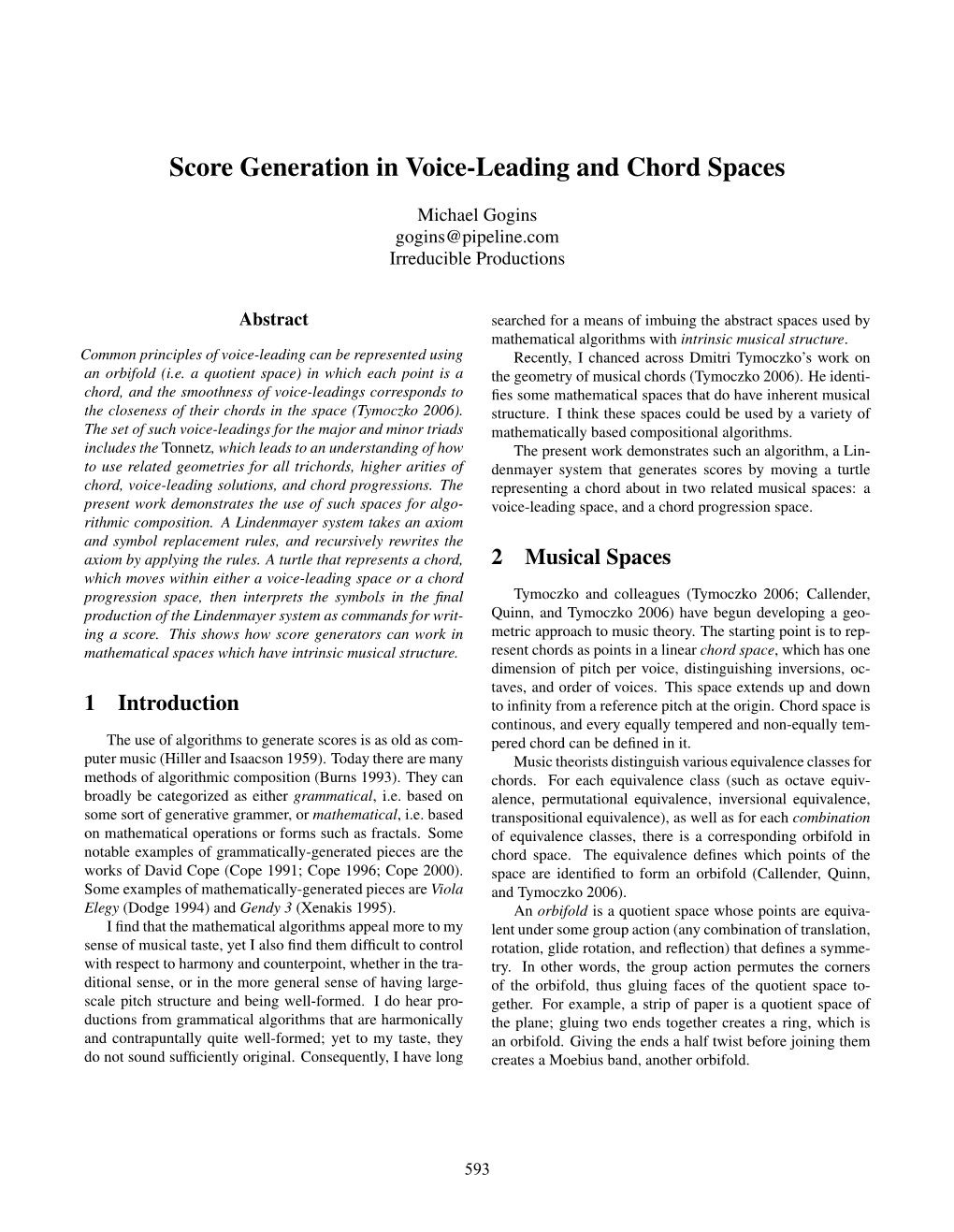 Score Generation in Voice-Leading and Chord Spaces