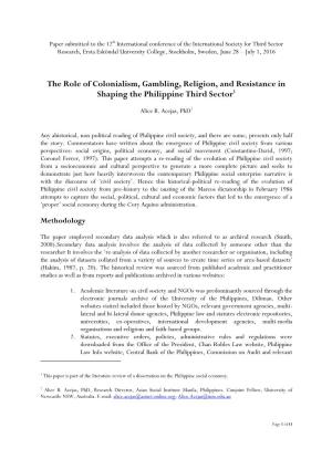 The Role of Colonialism, Gambling, Religion, and Resistance in Shaping the Philippine Third Sector1