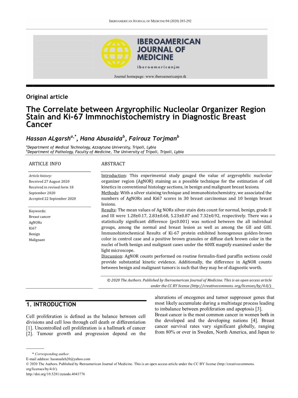 The Correlate Between Argyrophilic Nucleolar Organizer Region Stain and Ki-67 Immnochistochemistry in Diagnostic Breast Cancer