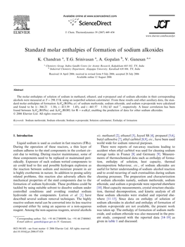 Standard Molar Enthalpies of Formation of Sodium Alkoxides