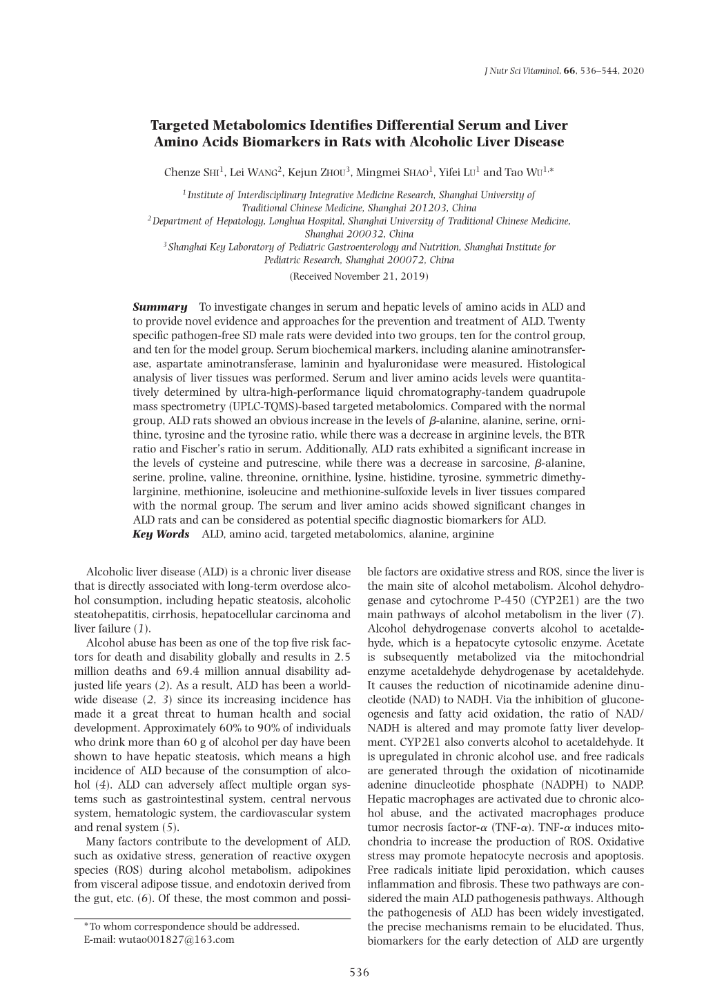 Targeted Metabolomics Identifies Differential Serum and Liver Amino Acids Biomarkers in Rats with Alcoholic Liver Disease