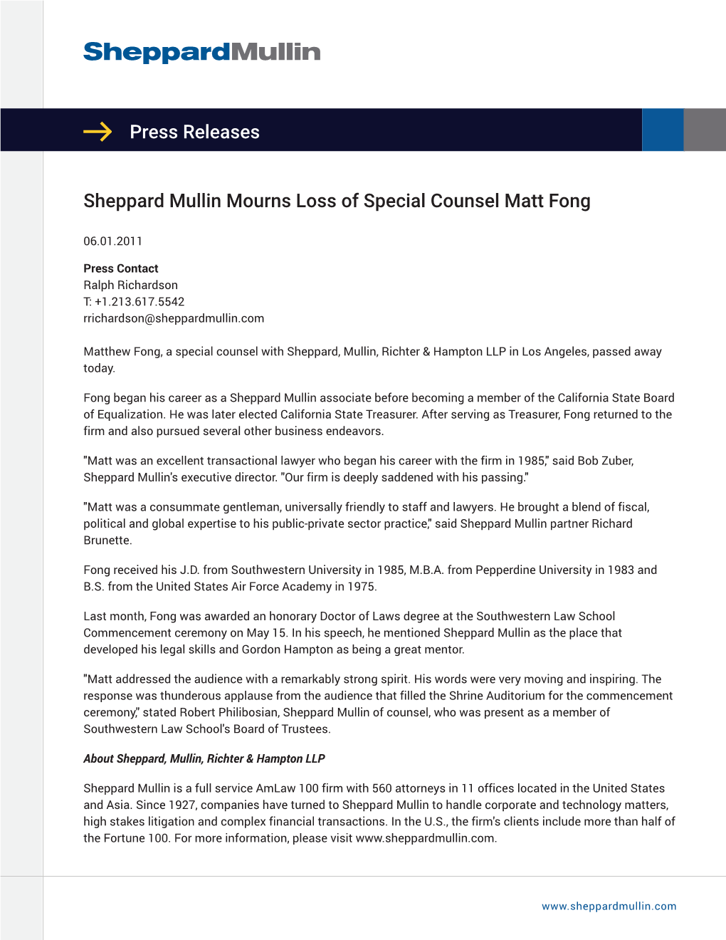 Press Releases Sheppard Mullin Mourns Loss of Special Counsel