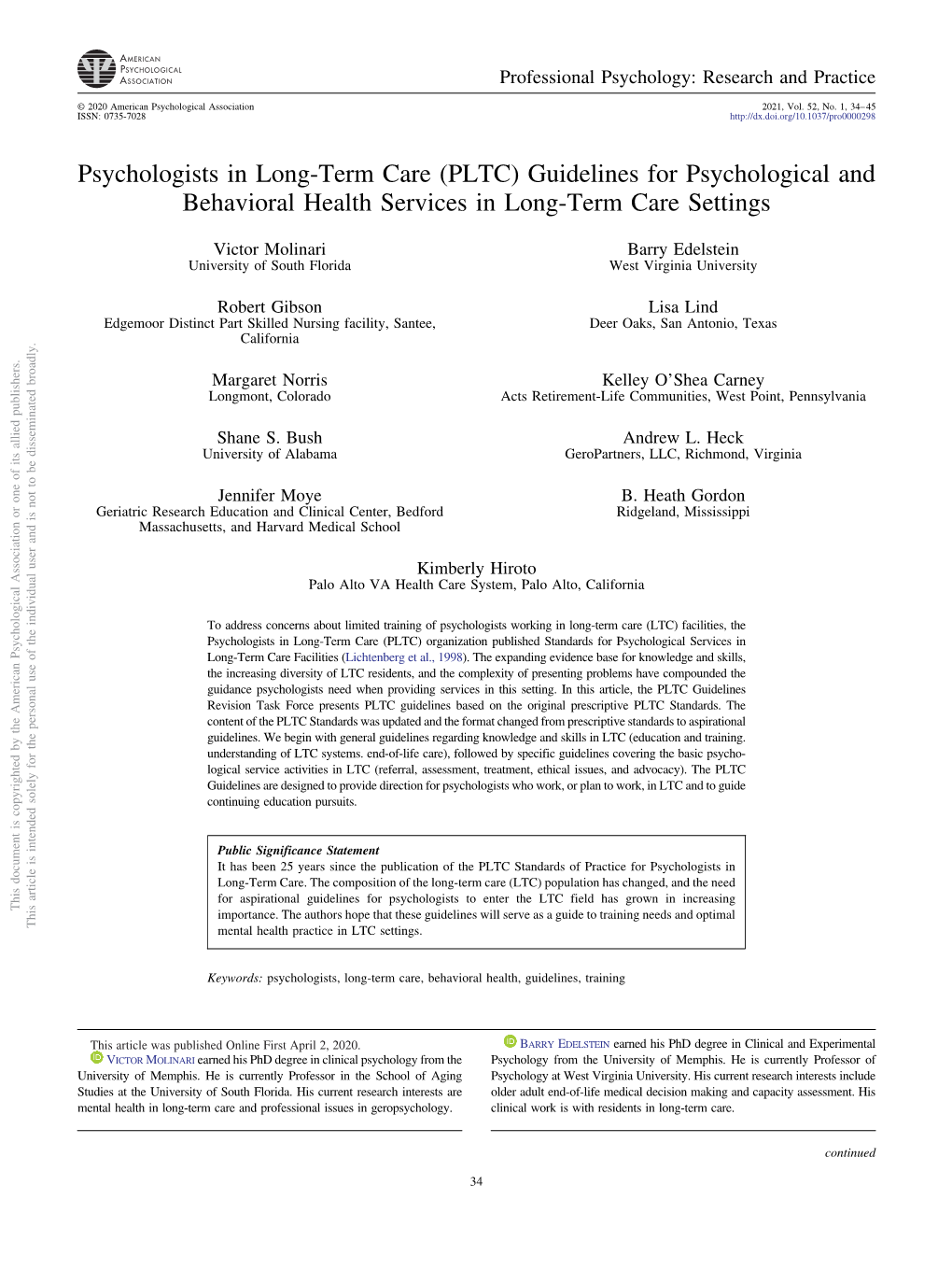 Psychologists in Long-Term Care (PLTC) Guidelines for Psychological and Behavioral Health Services in Long-Term Care Settings