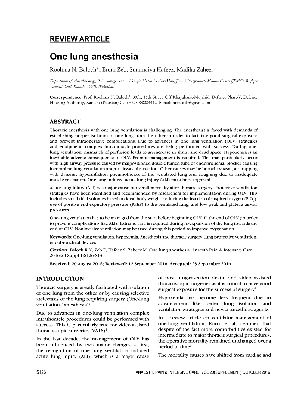 One Lung Anesthesia Roohina N