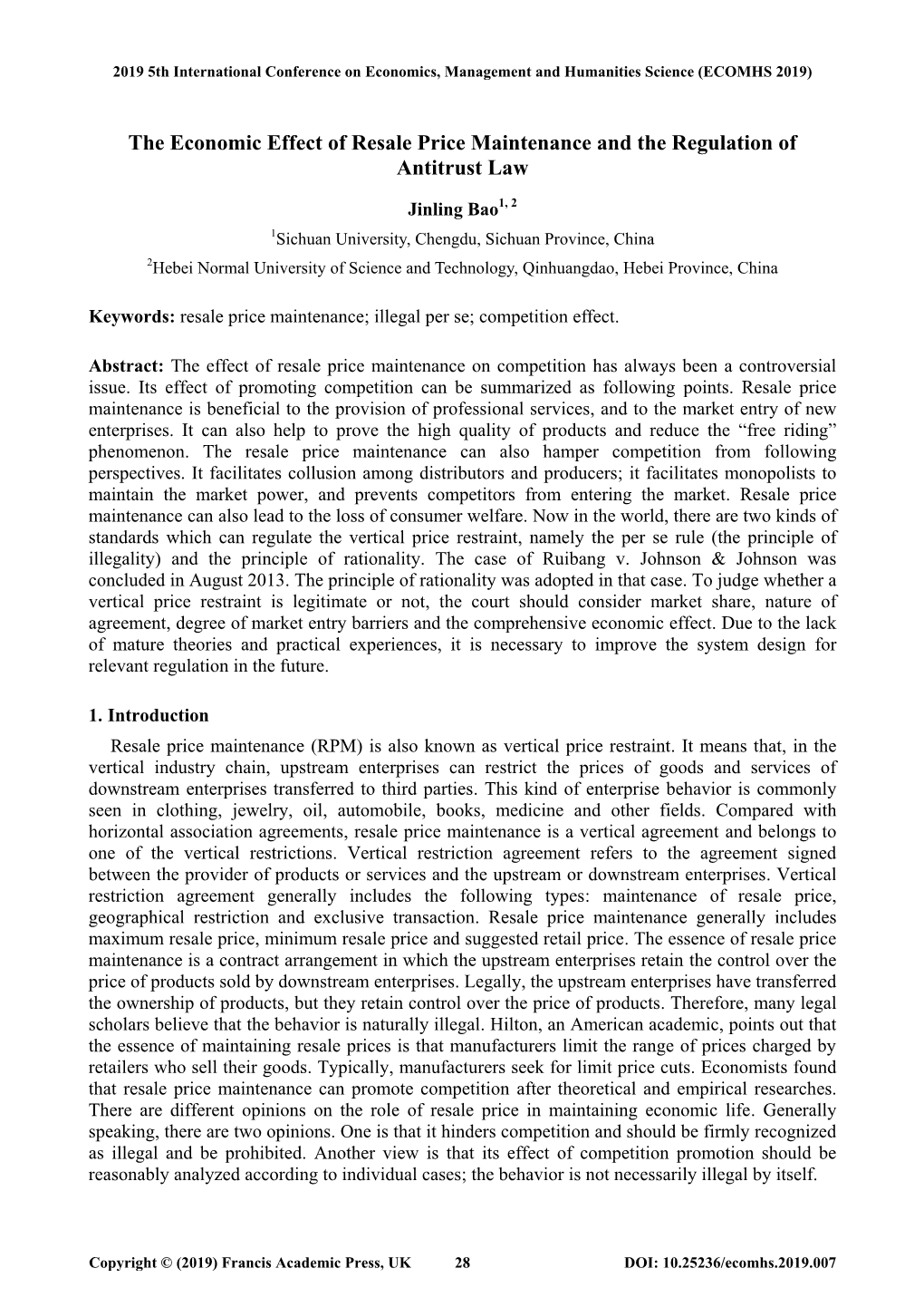 The Economic Effect of Resale Price Maintenance and the Regulation of Antitrust Law