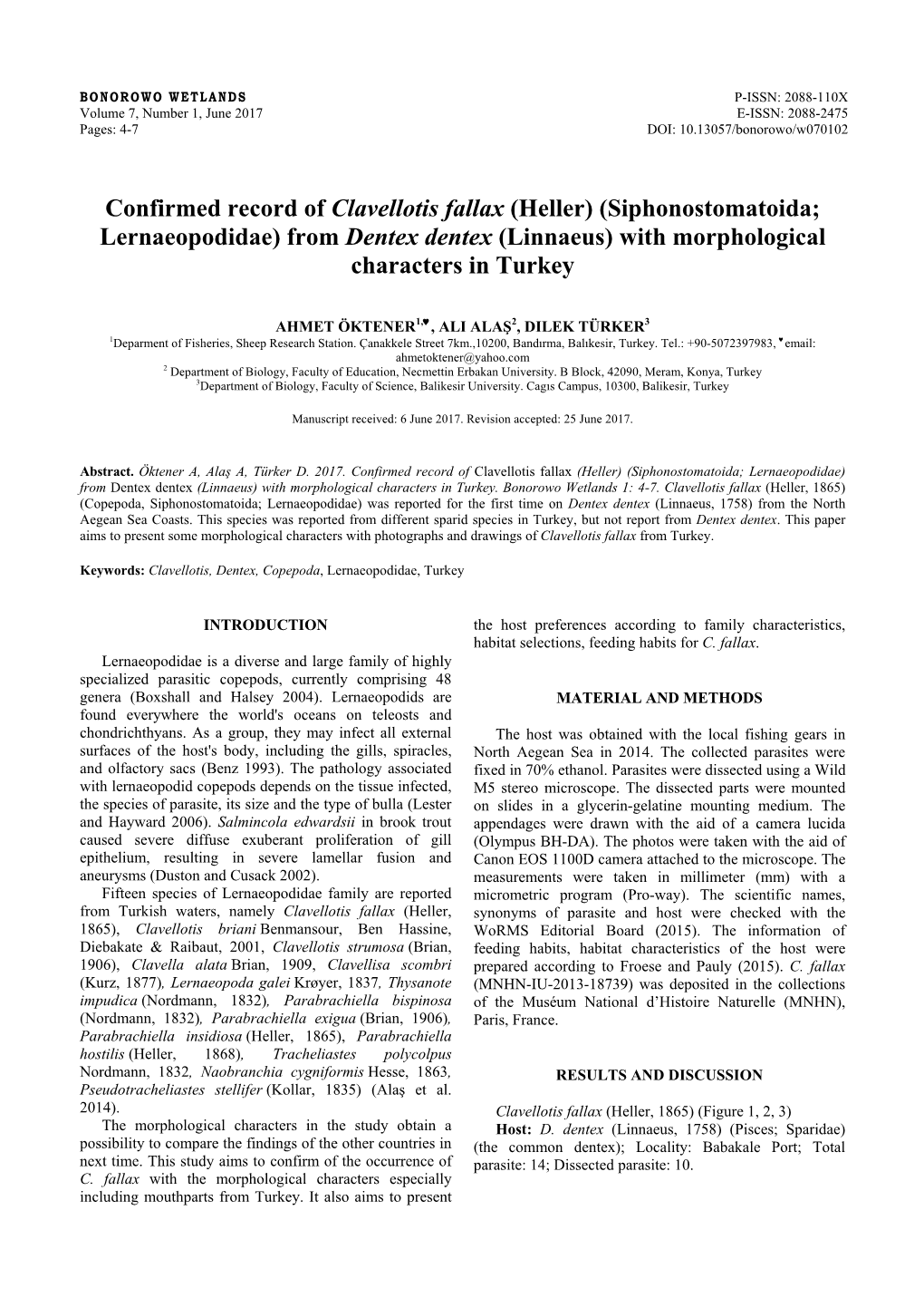 Siphonostomatoida; Lernaeopodidae) from Dentex Dentex (Linnaeus) with Morphological Characters in Turkey