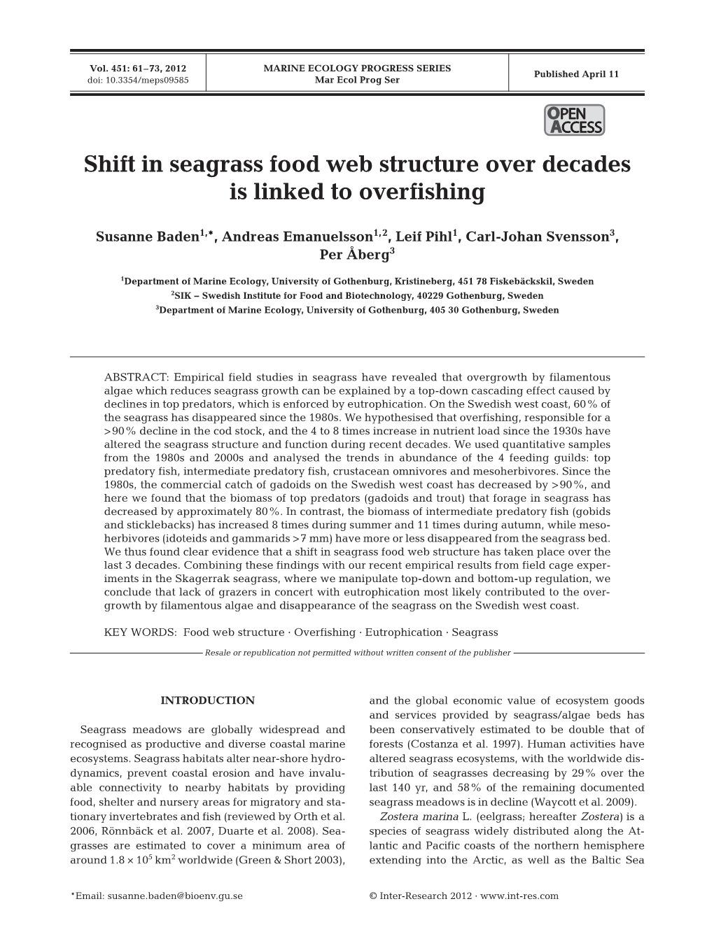 Shift in Seagrass Food Web Structure Over Decades Is Linked to Overfishing