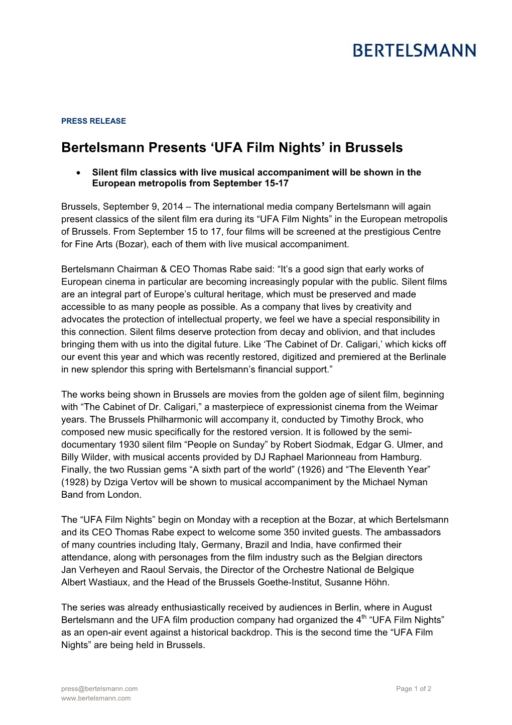 Bertelsmann Presents 'UFA Film Nights' in Brussels