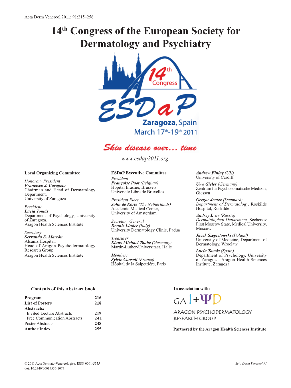 14Th Congress of the European Society for Dermatology and Psychiatry