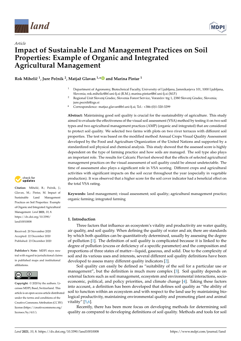 Impact of Sustainable Land Management Practices on Soil Properties: Example of Organic and Integrated Agricultural Management