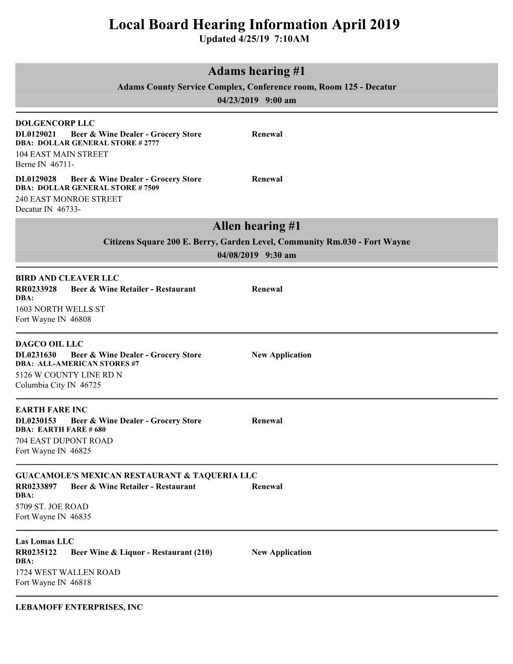 Local Board Hearing Information April 2019 Updated 4/25/19 7:10AM